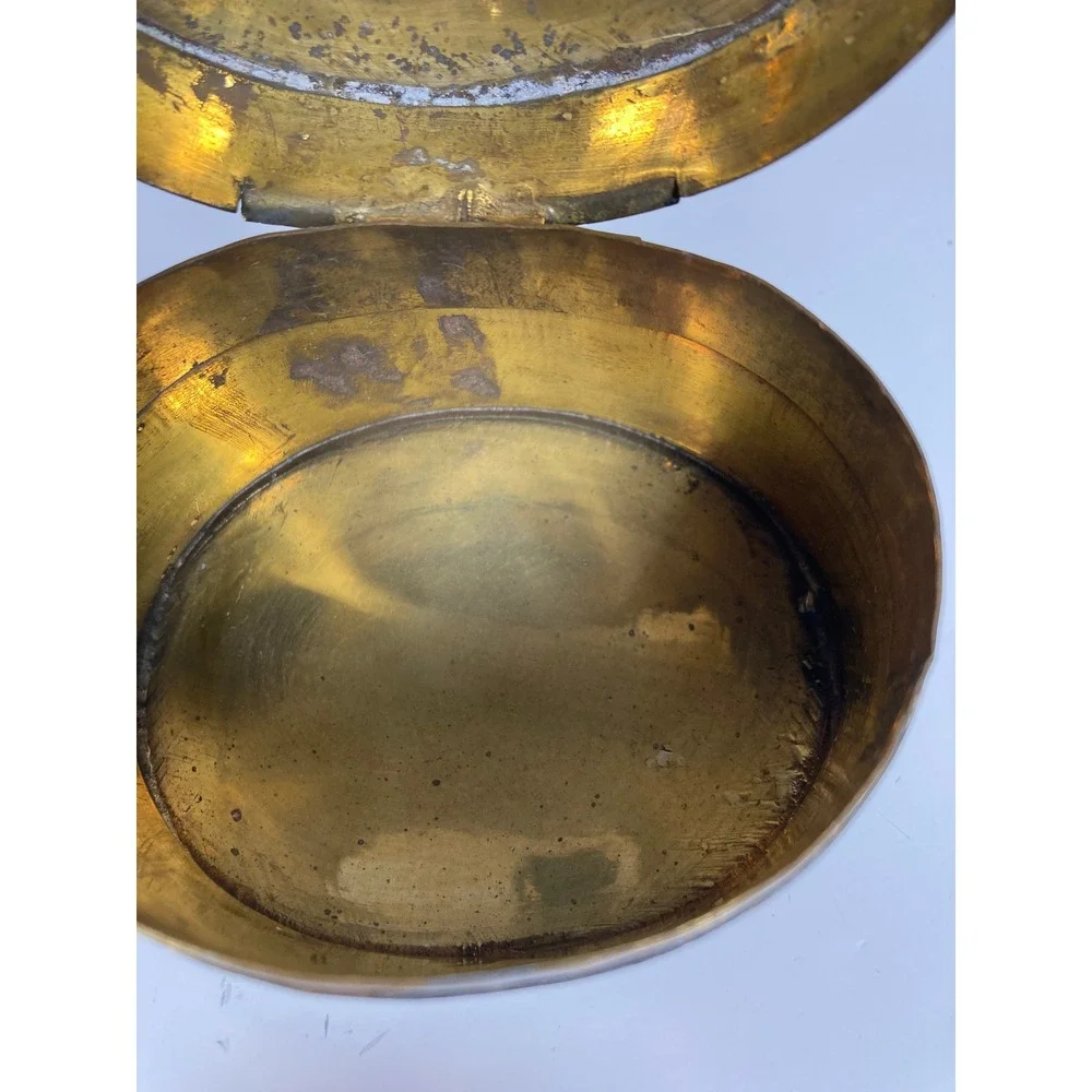 Vintage Brass Oval Trinket Box Filigree Owl Hinged Lid Patinated Rustic Decor
